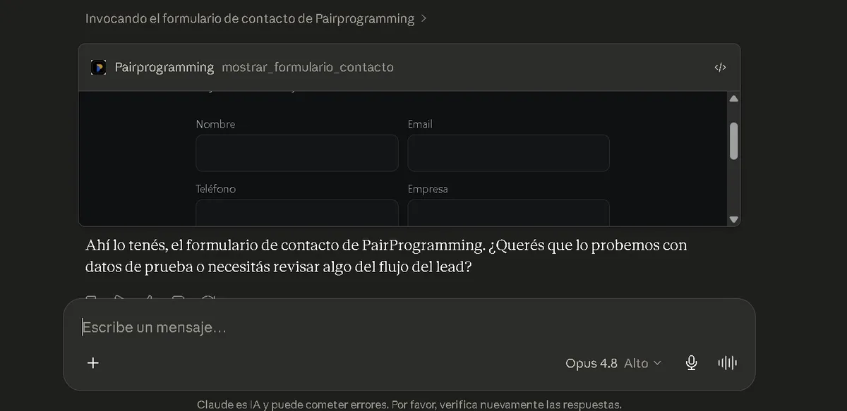 Formulario de contacto de PairProgramming embebido dentro de la conversación con Claude, vía MCP Apps